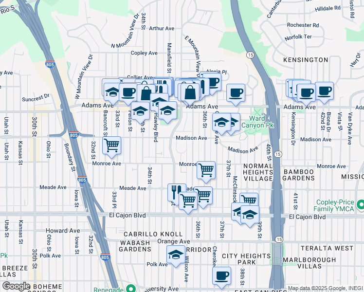 map of restaurants, bars, coffee shops, grocery stores, and more near 3535 Madison Avenue in San Diego