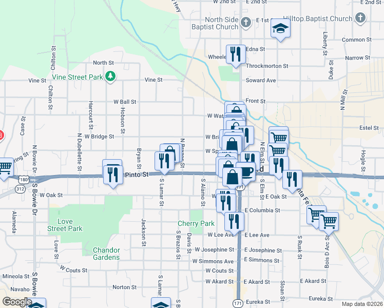 map of restaurants, bars, coffee shops, grocery stores, and more near 311 West Spring Street in Weatherford