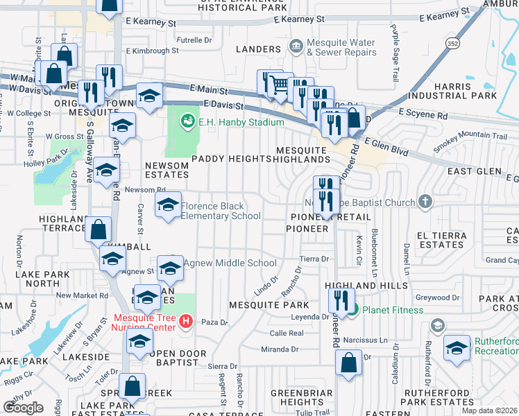 map of restaurants, bars, coffee shops, grocery stores, and more near 613 Camino Drive in Mesquite