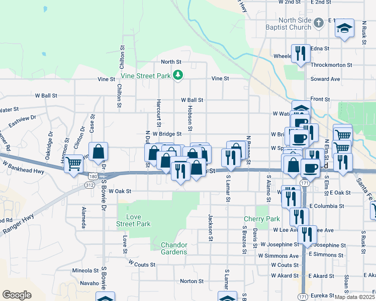 map of restaurants, bars, coffee shops, grocery stores, and more near 701 West Spring Street in Weatherford