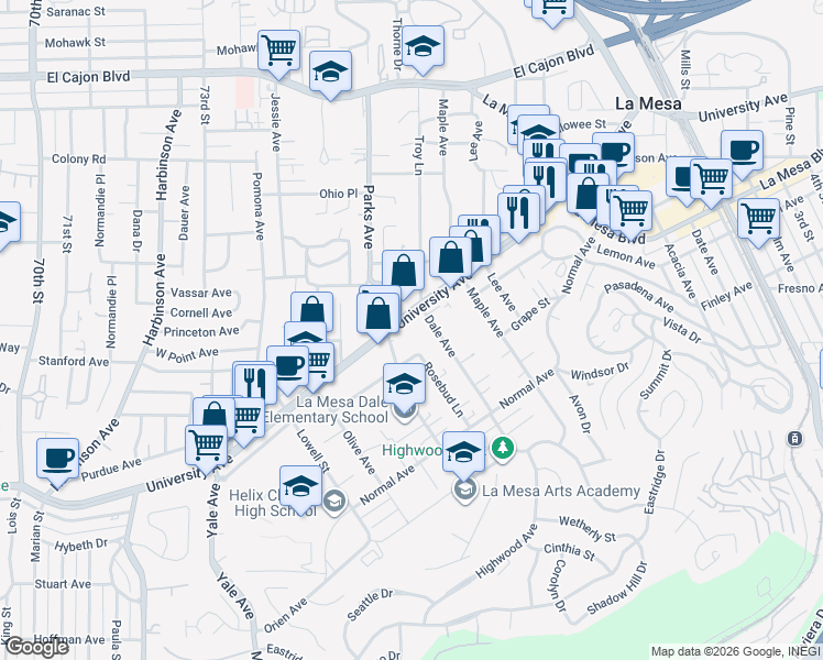 map of restaurants, bars, coffee shops, grocery stores, and more near 7651 University Avenue in La Mesa