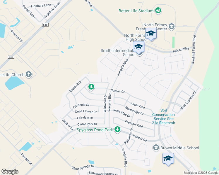 map of restaurants, bars, coffee shops, grocery stores, and more near 2000 Dewberry Court in Forney