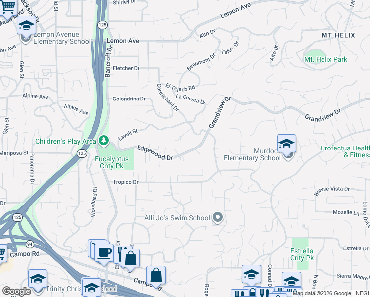 map of restaurants, bars, coffee shops, grocery stores, and more near 9364 Edgewood Drive in La Mesa