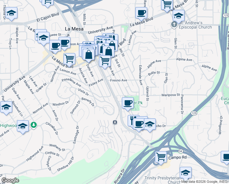 map of restaurants, bars, coffee shops, grocery stores, and more near 4477 Spring Street in La Mesa