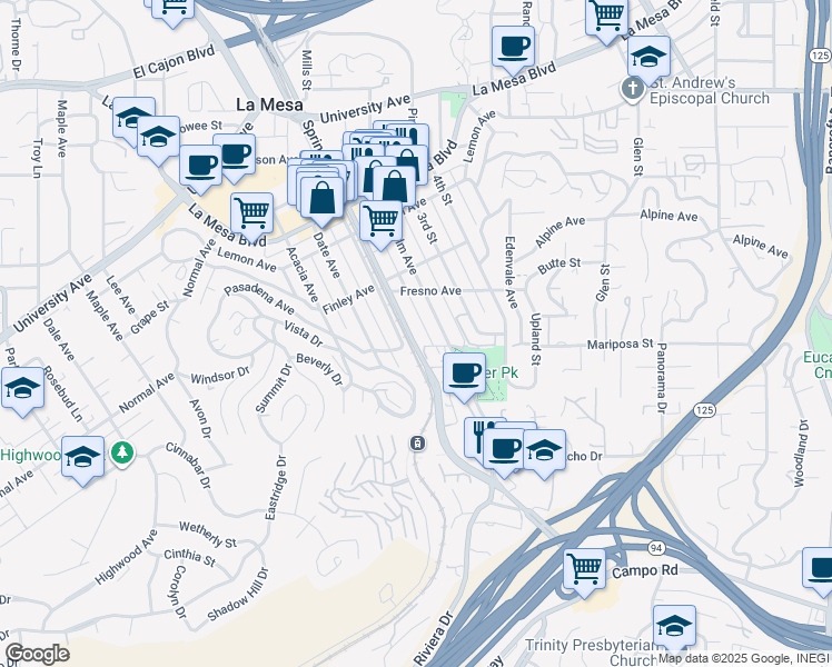 map of restaurants, bars, coffee shops, grocery stores, and more near 4477 Spring Street in La Mesa