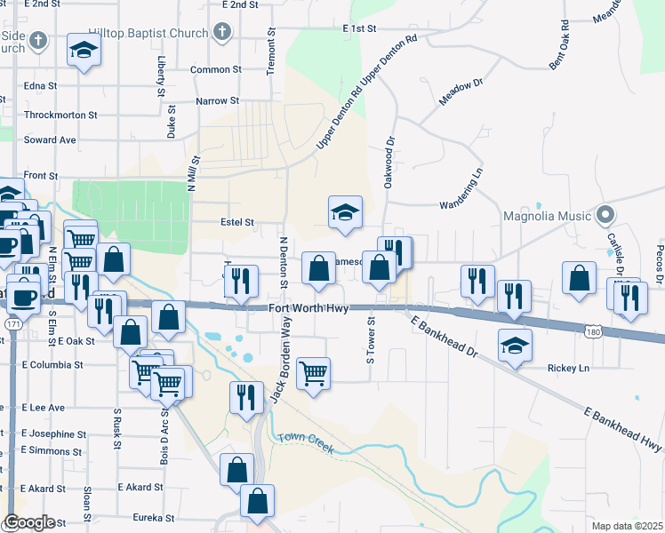 map of restaurants, bars, coffee shops, grocery stores, and more near 1010 Jameson Street in Weatherford