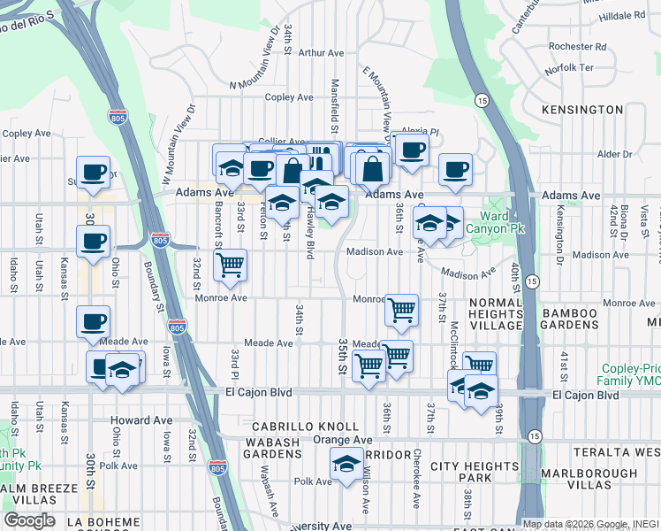 map of restaurants, bars, coffee shops, grocery stores, and more near 4544 35th Street in San Diego