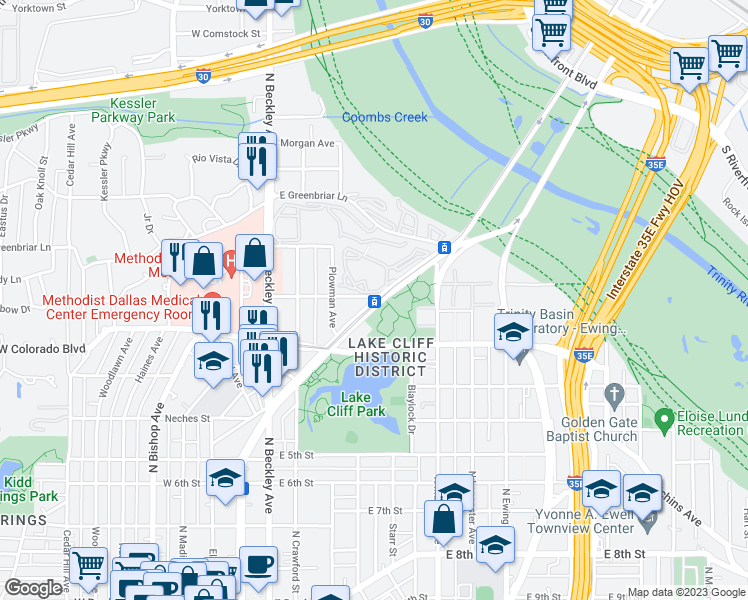 map of restaurants, bars, coffee shops, grocery stores, and more near 397 East Oakenwald Street in Dallas