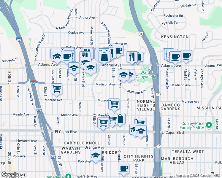 map of restaurants, bars, coffee shops, grocery stores, and more near 4566 36th Street in San Diego