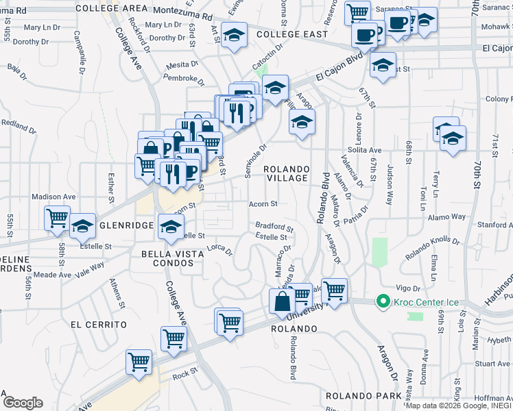 map of restaurants, bars, coffee shops, grocery stores, and more near 6501 Acorn Street in San Diego