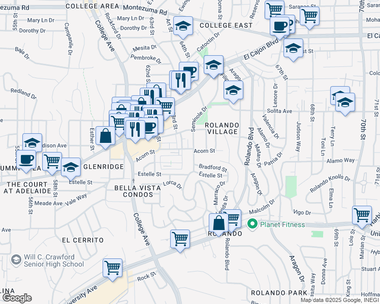 map of restaurants, bars, coffee shops, grocery stores, and more near 4544 Seminole Drive in San Diego