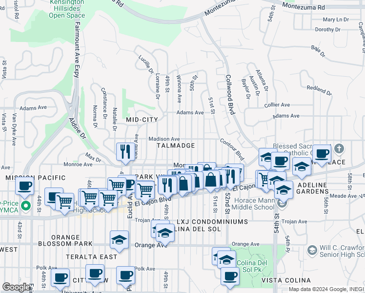 map of restaurants, bars, coffee shops, grocery stores, and more near 4554 50th Street in San Diego