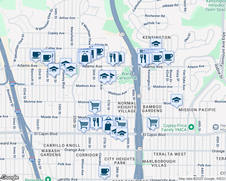 map of restaurants, bars, coffee shops, grocery stores, and more near 3735 Madison Avenue in San Diego