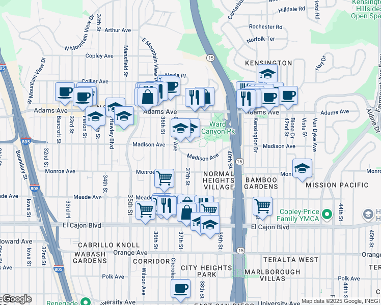 map of restaurants, bars, coffee shops, grocery stores, and more near 3735 Madison Avenue in San Diego
