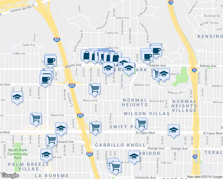 map of restaurants, bars, coffee shops, grocery stores, and more near 4546 34th Street in San Diego