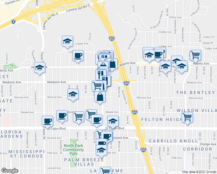 map of restaurants, bars, coffee shops, grocery stores, and more near 4544 Ohio Street in San Diego