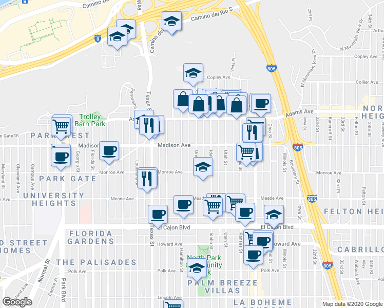 map of restaurants, bars, coffee shops, grocery stores, and more near 4541 Oregon Street in San Diego
