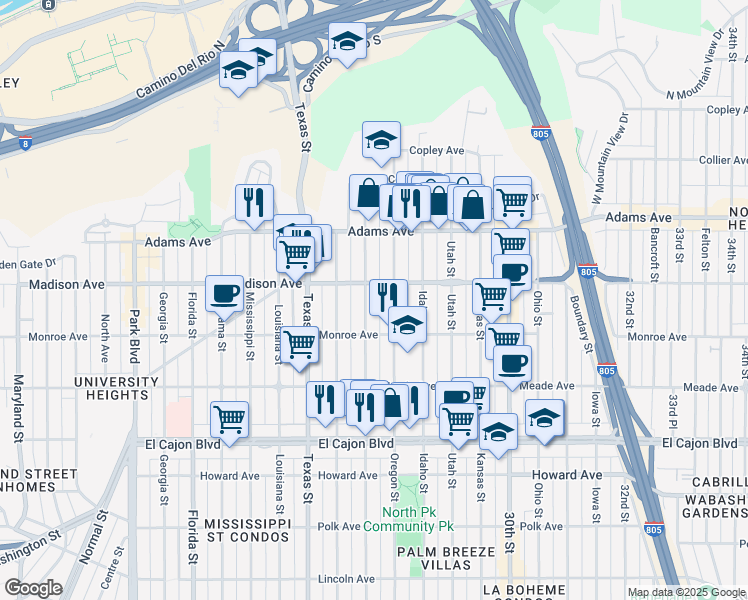 map of restaurants, bars, coffee shops, grocery stores, and more near 4544 Hamilton Street in San Diego