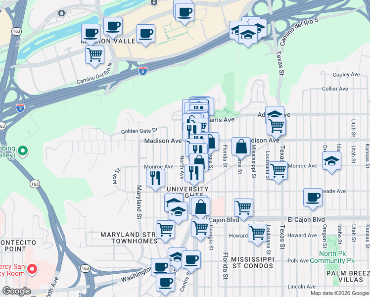 map of restaurants, bars, coffee shops, grocery stores, and more near 4553 North Avenue in San Diego
