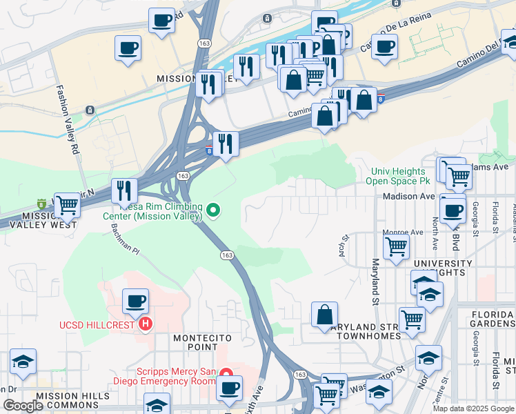 map of restaurants, bars, coffee shops, grocery stores, and more near 4487 Caminito Fuente in San Diego
