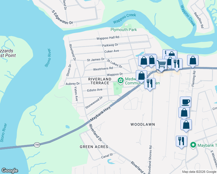 map of restaurants, bars, coffee shops, grocery stores, and more near 2133 Edisto Avenue in Charleston