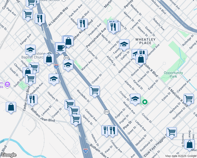 map of restaurants, bars, coffee shops, grocery stores, and more near 2245 Dathe Street in Dallas