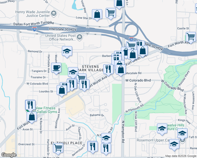 map of restaurants, bars, coffee shops, grocery stores, and more near in Dallas