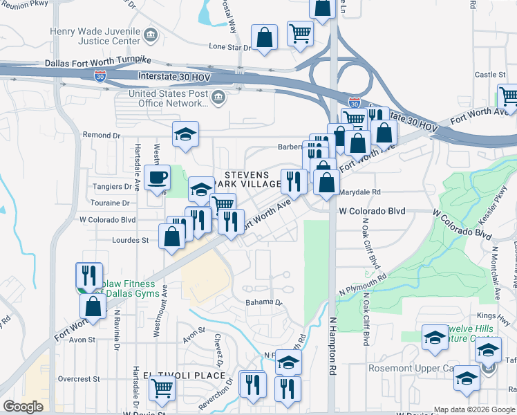 map of restaurants, bars, coffee shops, grocery stores, and more near in Dallas