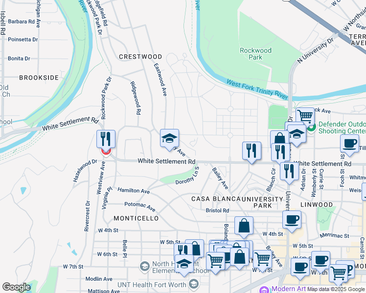 map of restaurants, bars, coffee shops, grocery stores, and more near 143 North Bailey Avenue in Fort Worth