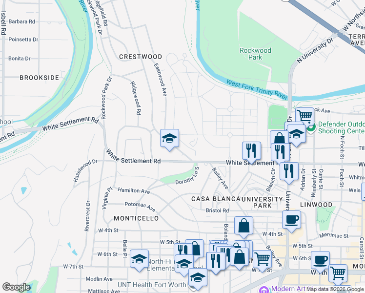 map of restaurants, bars, coffee shops, grocery stores, and more near 143 North Bailey Avenue in Fort Worth