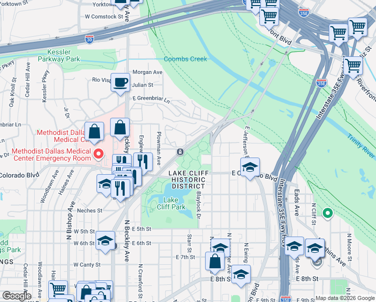 map of restaurants, bars, coffee shops, grocery stores, and more near 393 East Oakenwald Street in Dallas