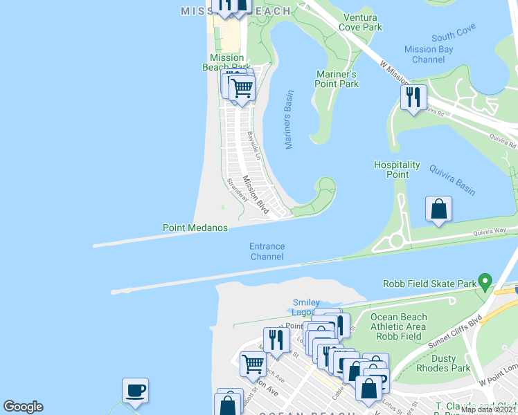 map of restaurants, bars, coffee shops, grocery stores, and more near 2660 Mission Boulevard in San Diego