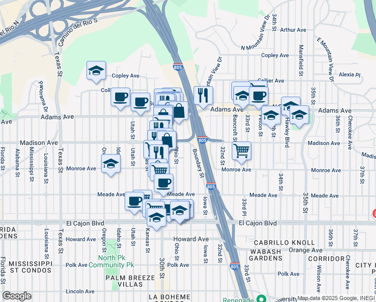 map of restaurants, bars, coffee shops, grocery stores, and more near 4564 Illinois Street in San Diego