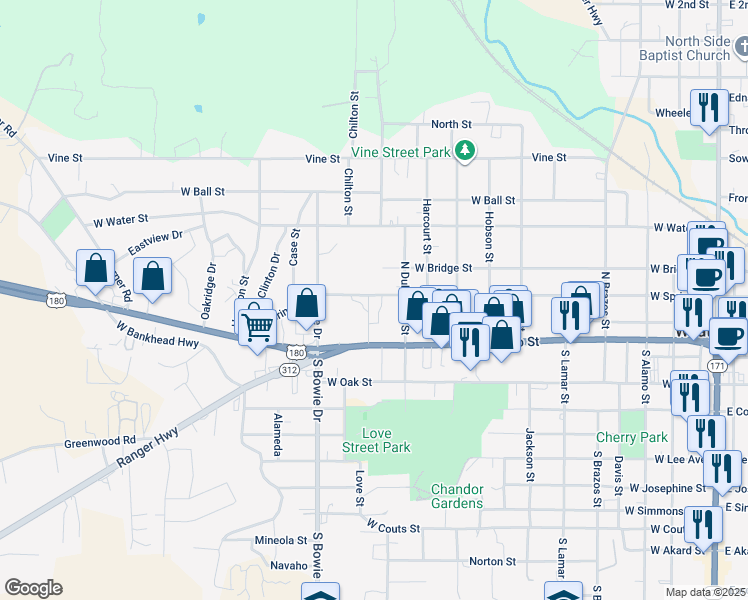 map of restaurants, bars, coffee shops, grocery stores, and more near 1015 West Spring Street in Weatherford