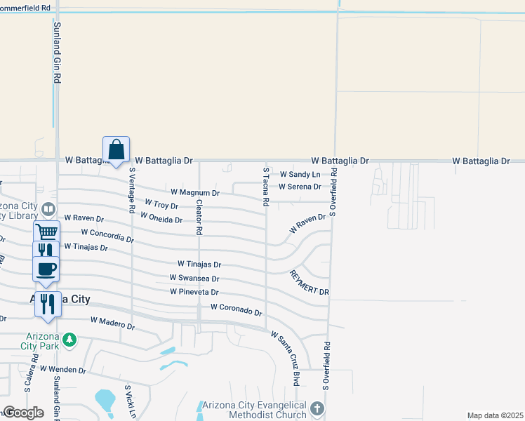 map of restaurants, bars, coffee shops, grocery stores, and more near 8439 West Troy Drive in Arizona City