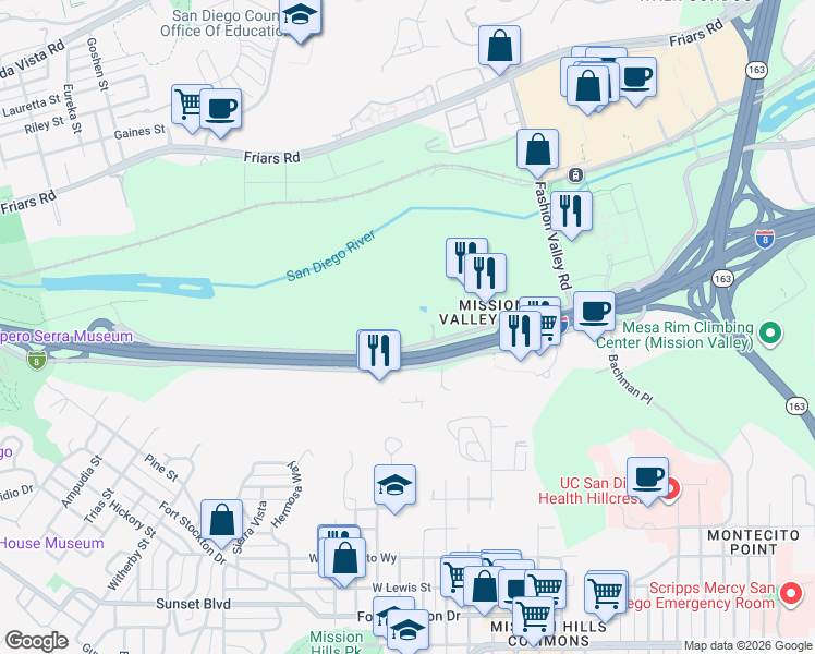 map of restaurants, bars, coffee shops, grocery stores, and more near 1440 Hotel Circle North in San Diego