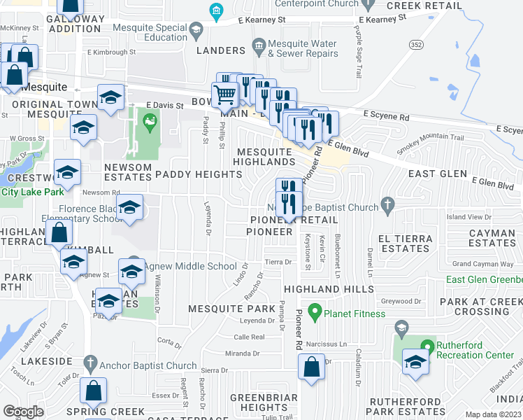 map of restaurants, bars, coffee shops, grocery stores, and more near 601 Rancho Drive in Mesquite