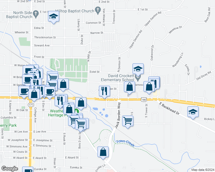 map of restaurants, bars, coffee shops, grocery stores, and more near 801 Johnson Street in Weatherford