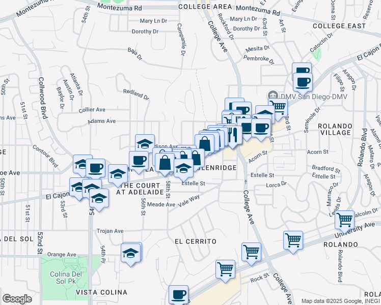 map of restaurants, bars, coffee shops, grocery stores, and more near 4534 59th Street in San Diego