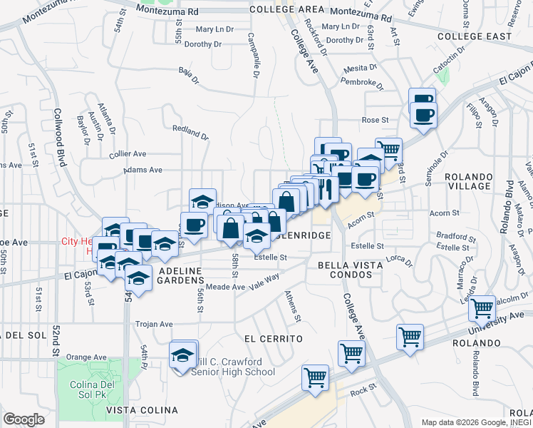 map of restaurants, bars, coffee shops, grocery stores, and more near 5900 El Cajon Boulevard in San Diego