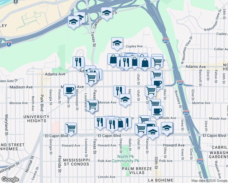 map of restaurants, bars, coffee shops, grocery stores, and more near 4569 Hamilton Street in San Diego