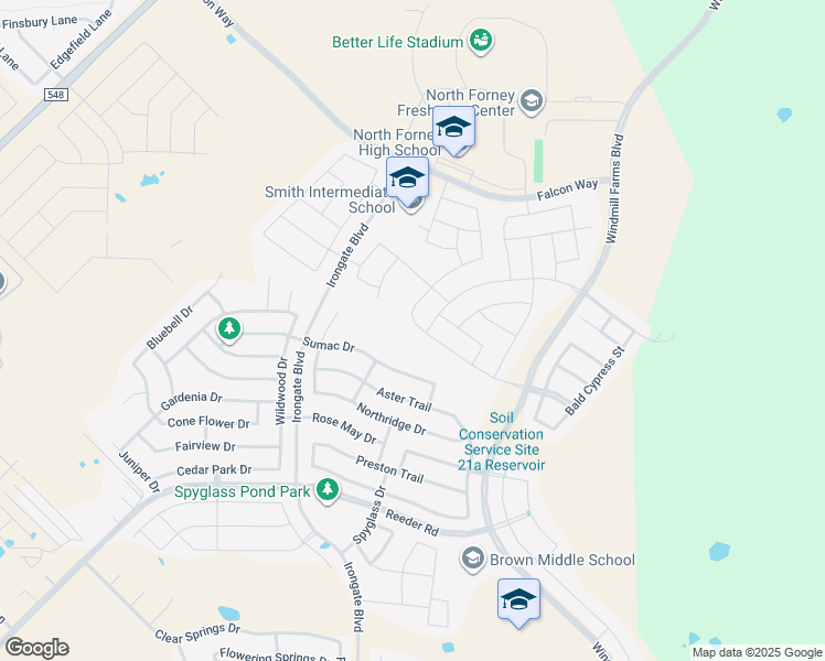 map of restaurants, bars, coffee shops, grocery stores, and more near 2013 Sumac Drive in Forney