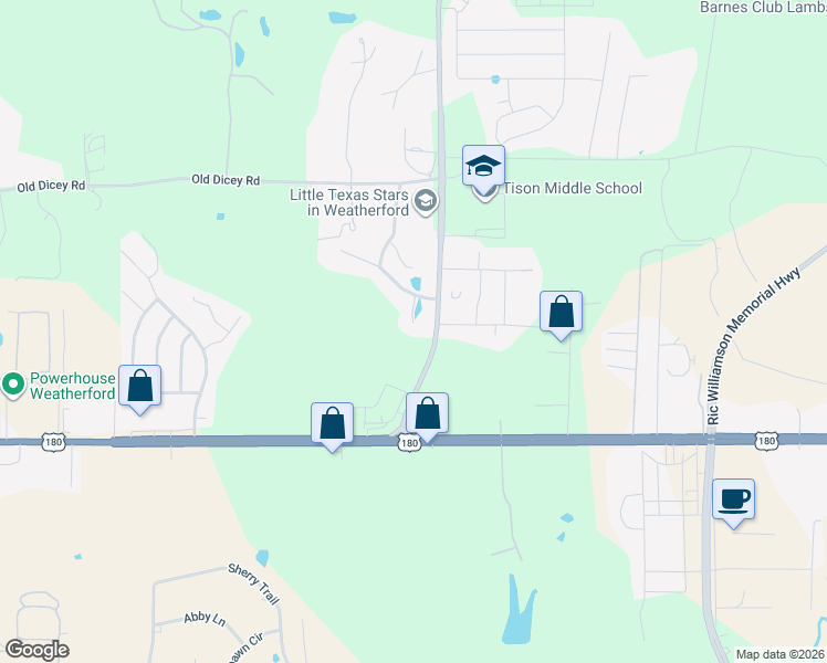map of restaurants, bars, coffee shops, grocery stores, and more near 117 Kari Linda Court in Weatherford