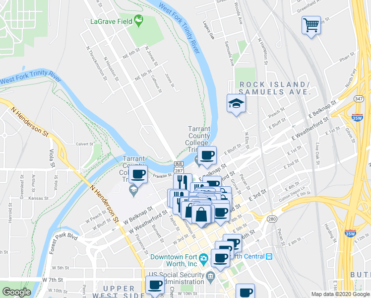map of restaurants, bars, coffee shops, grocery stores, and more near Fort Worth Branch (Trinity Trails System) in Fort Worth