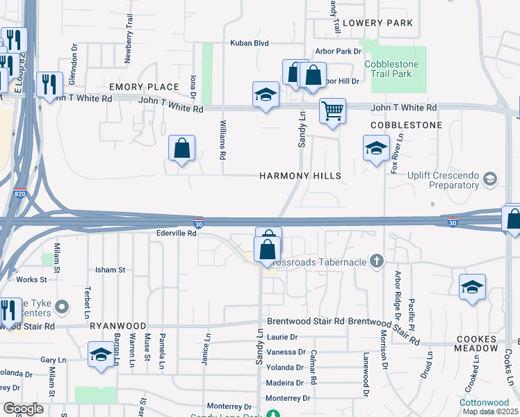 map of restaurants, bars, coffee shops, grocery stores, and more near 1250 Sandy Lane in Fort Worth