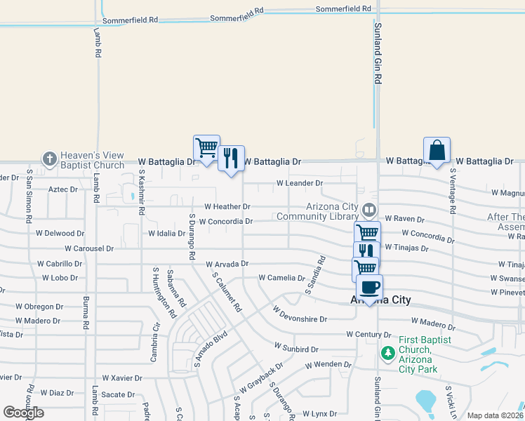 map of restaurants, bars, coffee shops, grocery stores, and more near 10260 West Concordia Drive in Arizona City