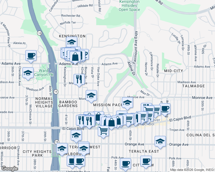 map of restaurants, bars, coffee shops, grocery stores, and more near 4540 East Talmadge Drive in San Diego