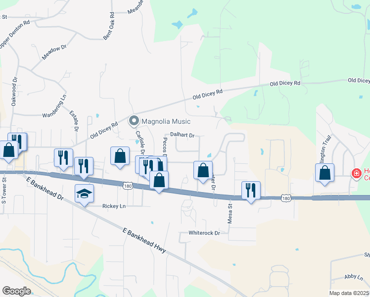 map of restaurants, bars, coffee shops, grocery stores, and more near 309 Alpine Drive in Weatherford