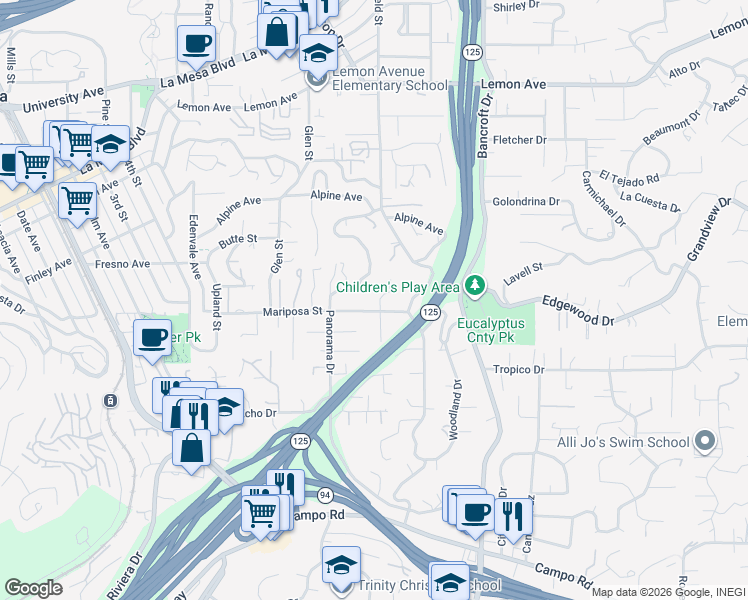 map of restaurants, bars, coffee shops, grocery stores, and more near 8887 Mariposa Street in La Mesa