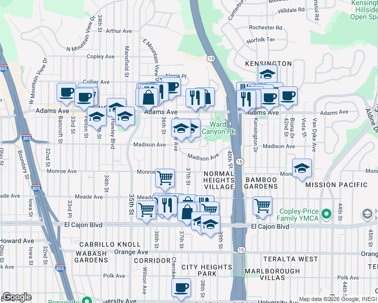 map of restaurants, bars, coffee shops, grocery stores, and more near 3704 Madison Avenue in San Diego